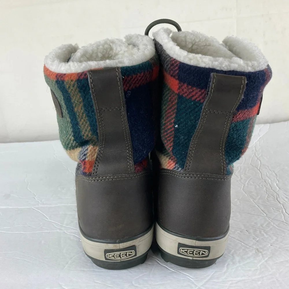 KEEN Elsa Waterproof Winter Boots Sz 8.5 Brown Plaid Faux Fur Lined Snow‎ Rain